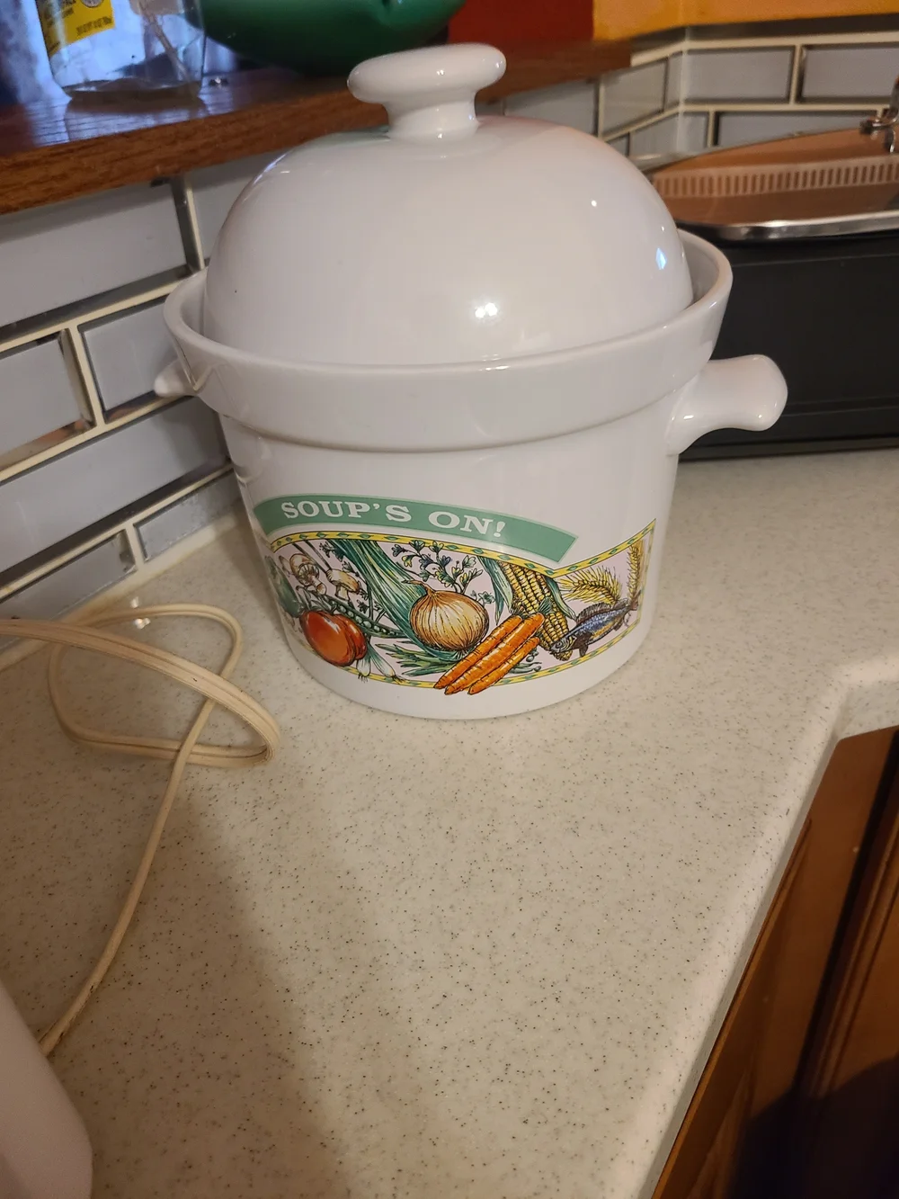 Vintage White Ceramic 'Soup's On!' Crock with Vegetable Motif